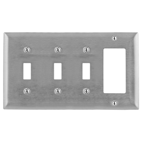 Wallplates and Boxes, Metallic Plates, 4- Gang, 3) Toggle 1) GFCI Openings, Standard Size, Stainless Steel